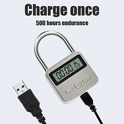 Metal Timer Lock, LCD Display Multi-Function Electronic Timer Lock, 99 Hours Max Timing, USB Rechargeable Timer Padlock (Silver)