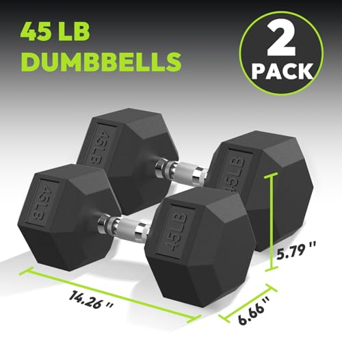HANDBODE Hex Dumbbell Set of 2, Rubber Encased Fixed Dumbbells, 2.5-65 lb | Non-Slip Comfortable Handles, Hand Weights for Strength Training, Ideal for Home Gym Workouts - size: 45 lb, Pair, style: Chrome Handle