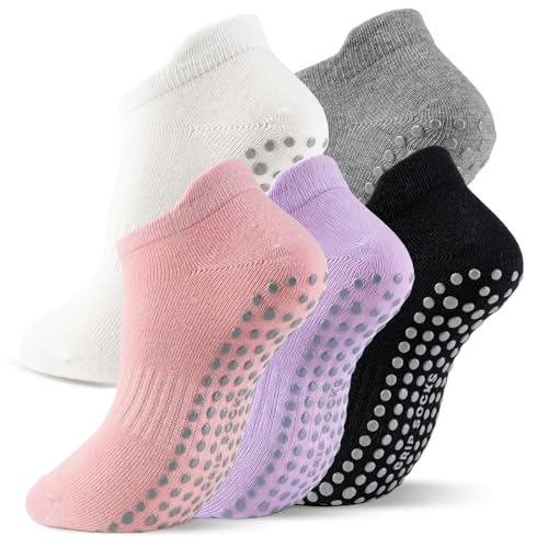 5 Pairs Pilates Socks with Grips for Women Non Slip Grip Yoga Crew Socks for Barre Hospital Barefoot - color: B - Purple White Pink Gray Black