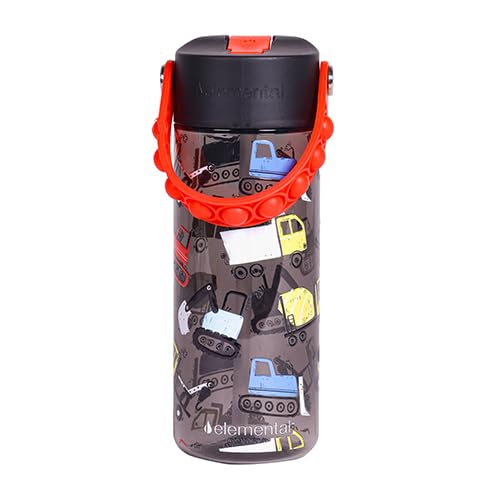 Elemental Water Bottles for Kids - Splash Kids Water Bottle for School with Pop-it Handle - BPA Free Tritan Plastic Water Bottle with Straw Leak Proof when Spout is Closed - Construction - 18oz - color: Construction