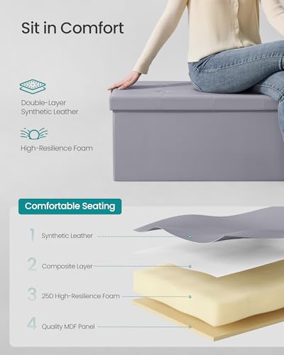 SONGMICS MAZIE Collection - 43 Inches Folding Storage Ottoman Bench, Ottoman with Storage, Foot Rest Stool, Load 660 lb, for Living Room, Synthetic Leather, Light Gray ULSF70GY - color: Light Gray, size: 15"D x 43"W x 15"H