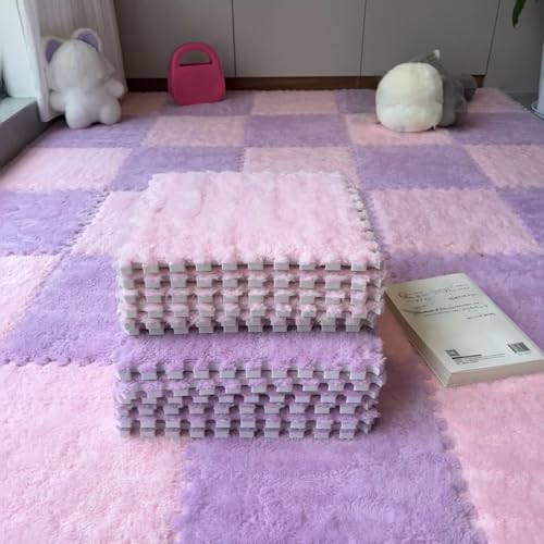 12Pcs Plush Foam Floor Mat,Plush Interlocking Carpet Tiles,Anti-Slip Square Puzzle Floor Mat,EVA Foam Area Rugs for Bedroom Playroom (Pink+Purple) - color: Pink+purple