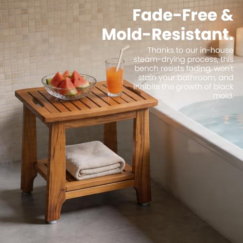 18" Standard Teak Shower Bench with Shelf & Handle - Waterproof, Non-Slip Bath Stool, 300 lbs Capacity - Fits Standard Tubs/Showers & Outdoor Use (Patented) - size: 18"W x 12" Dx 18"H