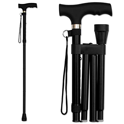 RMS Folding Cane - Foldable Walking Cane with Adjustable Height - Collapsible and Lightweight - Soft Ergonomic Handle for Comfortable Grip - Portable Walking Stick for Mobility Aid - color: Black