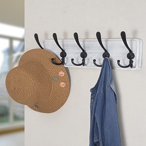 Dseap Coat Rack Wall Mounted - 5 Tri Hooks, Heavy Duty, Wooden Wall Coat Hanger Coat Hook for Clothes Hat Jacket Clothing, White & Black - color: White & Black, size: L=17.4"