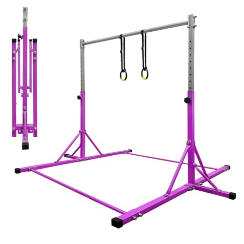 Gymnastics Bar for Kids Girls Ages 3-15 with Ring for Home Indoor Training Equipment- Steady Steel Construction, Anti-Slip, Easy to Assemble, 3' to 5' Adjustable Height - color: PURPLE, size: 4.8FT, style: FOLDABLE BAR WITH RING