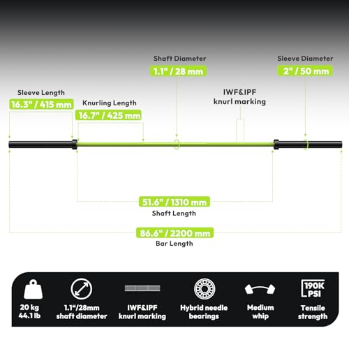 HANDBODE 7 FT Olympic Barbell 45 LB, 2-Inch Standard Weight Bar, 1000 LB | Needle Bearings, Knurled Grip, Hard Chrome Coating, Powerlifting, Bench Press, Deadlift, Squat, Hip Thrusts And Cleans - color: Green