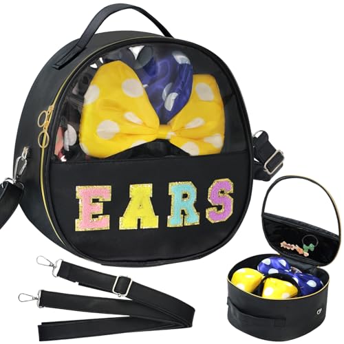 Translucent Mouse Ears Travel Case, Chenille Letter Headband Ears Holder Waterproof Hair Accessories Organizer Storage for Women Adults Gift Large Thicken Makeup Snack Bag for Park Travel - color: Black