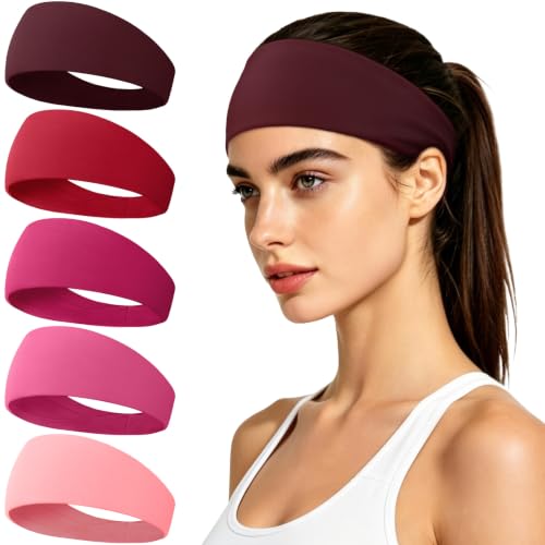 Sweat Band, 5 Pack Headband Moisture Wicking for Running Sports | Workout Sweatband, Unisex Fit, Non-Slip, Skin-Friendly, Multi-Use, Perfect for Exercise, Lightweight - color: Burgundy+Red+Rose Red+Pink+Light Pink
