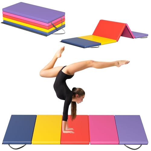BLKMTY Gymnastics Mats - 2'x6' Folding Exercise & Yoga Mat with Carrying Handles for Kids' Tumbling & Home Gym - color: Colorful