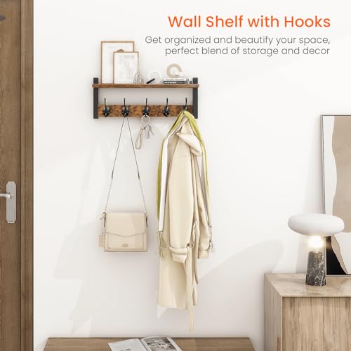 Homode Wall Hooks with Shelf, Wood Coat Rack with Shelf Wall-Mounted, Entryway Hanging Shelves with 5 Metal Hooks for Clothes Hats Towel Purse Robes, Bathroom Mudroom Bedroom, Rustic Brown Black - color: Rustic Brown, size: 17.1 Inch Long