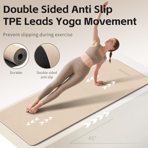 PAIDU Yoga Mat 8mm TPE Non‑Slip Fitness Mat with Strap for Home Workouts | SGS Certified, Odorless, Tear‑Resistant, Unisex, for Yoga, Pilates, Meditation, Home & Gym Workouts - color: Beige&Black