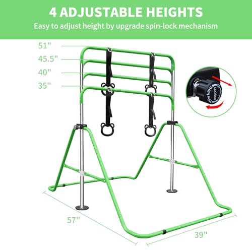 Gymnastics Bars for Kids with Rings, Junior Kip Training Bars Equipment for Home, Folding Height Adjustable Horizontal Bars - color: Green