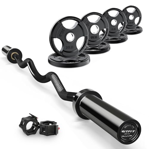 RitFit 2 Inch EZ Curl Bar with Weights, 350LBS Capacity Olympic Barbell for Bicep & Triceps, Home Gym Strength Training - style: Black(with 85LB Weights and Collar)