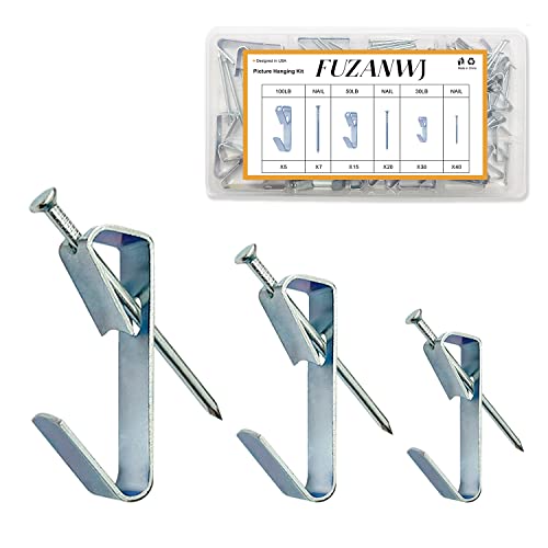 117Pcs Picture Hangers, 3 Size Picture Hooks Including 30/50/100lbs, Picture Hanging Kit, Professional Plaster Picture Hanging Kit for Wooden Wall or Drywall(50 Hangers+ 67 Nails) - size: Silver30- 100lbs