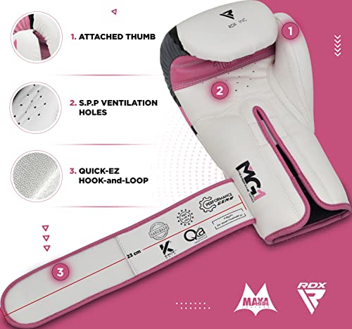 RDX Boxing Gloves EGO, Sparring Muay Thai Kickboxing MMA Heavy Training Mitts, Maya Hide Leather, Ventilated, Long Support, Punching Bag Workout Pads, Men Women Adult 8 10 12 14 16 oz - color: PINK, size: 10OZ