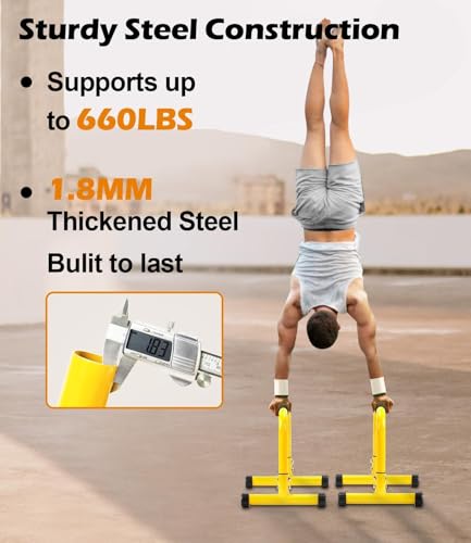 TABEKE Push Up Bar, 14'' High Steel Parallettes & Dip Bar with Full Coverage Foam Handle, Heavy-Duty Calisthenics Parallel Bars for L-Sit, Dips, Home Gym Strength Training Workout - color: Yellow