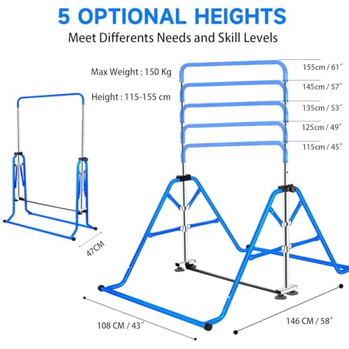 Gymnastics Horizontal Bar, Junior Training Kip Bar Gymnastics Equipment for Home, Adjustable Telescopic Height Folding Horizontal Bar with Gymnastic Rings for 3-12 Years Old Kids - color: Blue