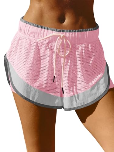Fisoew Women Athletic Shorts 2 in 1 Running High Split Color Block Workout Yoga Mesh Shorts Pocket Drawstring - color: Pink, size: Medium