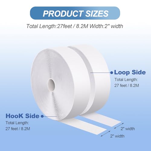 2''×27Ft White Heavy Duty Hook And Loop Tape Adhesive, No Punching Picture Wall Hanging Roll, Sticky Back Couch Cushions Grip, Keep Rugs in Place, Strong Adhesive Tape for DIY at Classroom Office Home - size: 2In × 27Ft, style: White