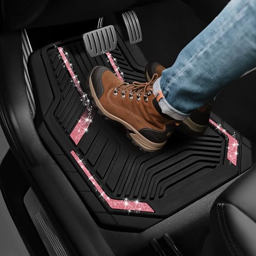 PIC AUTO Car Floor Mats, Hot Pink Sparkly Crystal Bling Glitter Car Mats Set, Front and Rear Heavy Duty Rubber Car Mats with Anti-Slip Backing, All Weather, Trim-to-Fit for SUVs, Trucks, Sedan, Vans - color: Hot Pink Glitter