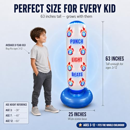 Punching Bag for Kids with Color-Changing LED Lights, Built-in Music & 8 Targets, Inflatable Boxing Set Ages 3-12 with Boxing Gloves & Pump (Batteries Not Included), Sand/Water Fill Base Birthday Gift