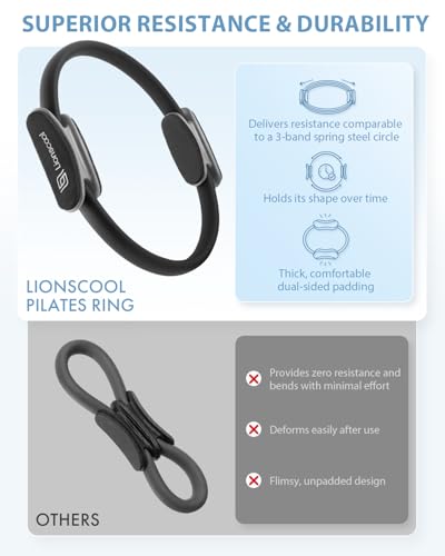 LIONSCOOL Pilates Ring Set - 14" Anti-Deformation Magic Circle with Padded Handles, 9" Mini Ball, Non-Slip Fabric Resistance Bands, Guide & Bag - color: Black