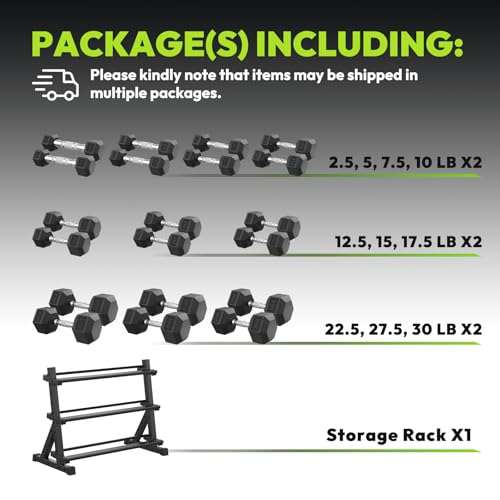 HANDBODE Rubber Coated Hex Dumbbell Set with Rack, 300-840 lb | Fixed Weights Sets with Heavy Duty Storage Stand, Multiple Weight Options Home Gym Equipment for Strength Training - style: 300 lb Set (2.5-30 lb) with Rack