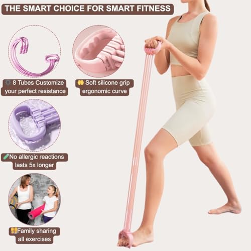 Resistance Bands with Handles for Women & Men | 8 Tube Adjustable Figure 8 Exercise Bands Set, Heavy Duty, Home Gym, Physical Therapy, Strength Training & Full Body Fitness - color: Pink