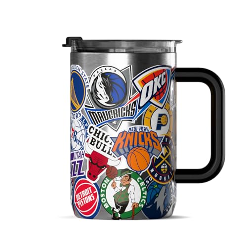 Hydrapeak NBA Officially Licensed All-Team Sticker Print 18oz Insulated Coffee & Tea Mug with Flip Sip Lid & Handle, Stainless Steel Travel Mug for Hot & Cold Drinks - color: NBA Current, size: 18 Ounces
