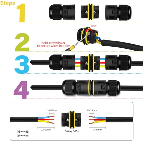 NineLeaf 24 Pack Waterproof Electrical Cable Connector, 3-Pin M20 Screw Type Wire Connectors Ø5-12mm, IP68 Waterproof Junction for Outdoor Garden Lights, Landscape, Underground Wiring - size: 24PK, style: Screw Tighten