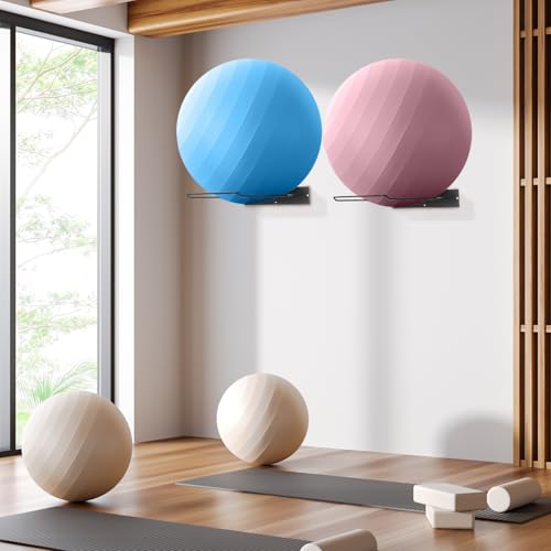 Threan Wall Mounted Yoga Ball Holder, Metal Medicine Ball Rack 16.6'' Thickened Steel Exercise Storage for Home Gym Studio, Black Sport Equipment Wall Mount Organizer
