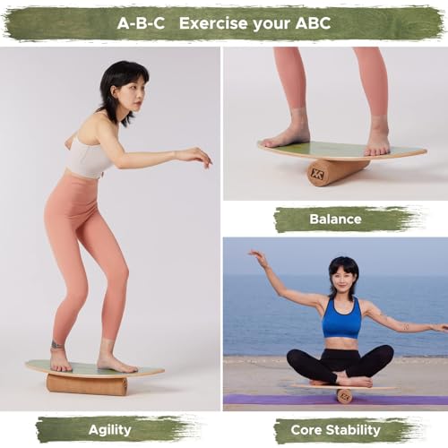 XCMAN Surf Balance Board Trainer with Roller Wooden Exercise Balancing Stability Trainer - Non Slip Surface for Adults Kids|Balance Board for Surfing,Snowboarding,Skateboarding,Hockey,Yoga Training - color: Boat Bown