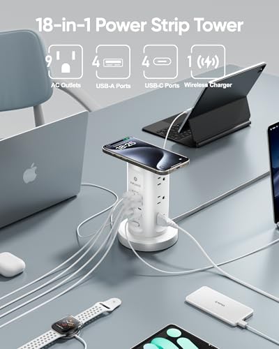 Kakyanill 30W USB Charging Station, Power Strip Tower with 9 AC 8 USB | 6Ft Flat Plug Retractable Extension Cord, for Home Office Dorm, White - color: White&Grey