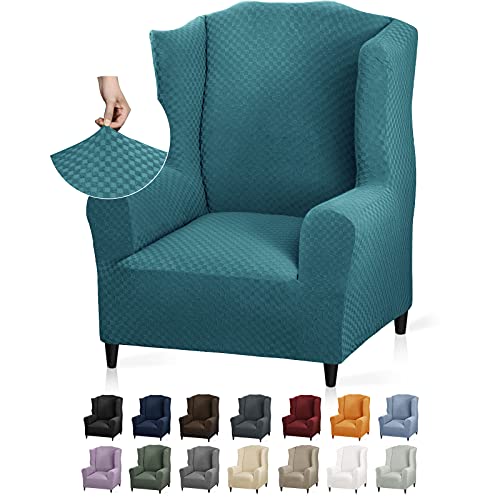 YEMYHOM 1 Piece Stretch Wingback Chair Slipcover Latest Jacquard Design Wing Chair Cover Non Slip Furniture Protector with Foam Rods for Living Room (Wing Chair, Peacock Blue) - color: Peacock Blue, size: 1 Pack - Wing Chair