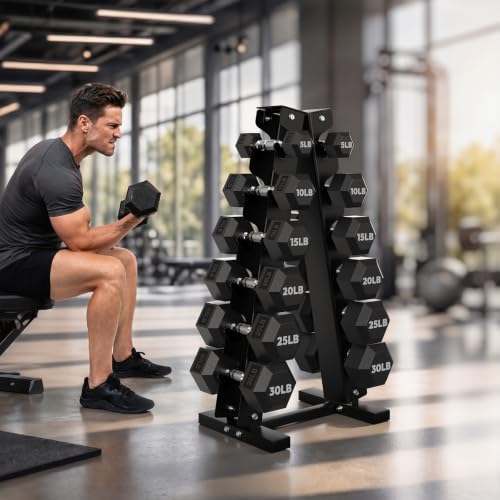 HANDBODE Rubber Coated Hex Dumbbell Set with A-Frame Rack, 100 lb - 600 lb Multiple Options Weight, Hexagon Non-Rolling Shape, Ergonomic Knurled Handle, Home Gym Equipment for Strength Training - style: 210 lb Set (Pair of 5, 10, 15, 20, 25, 30 lb) & Rack
