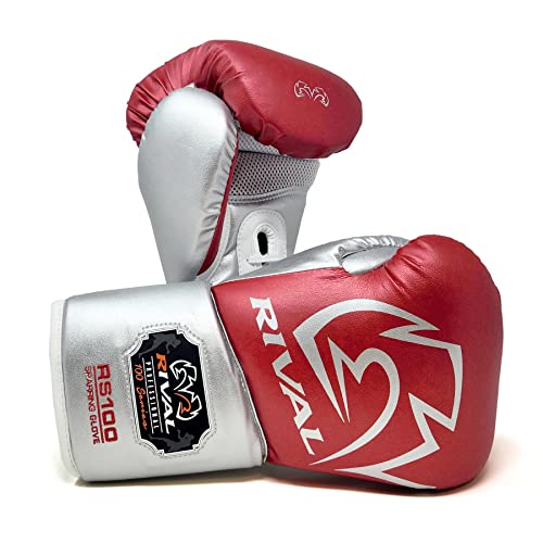 RIVAL Boxing RS100 Professional Lace-Up Sparring Gloves, Handcrafted with Super-Rich Microfiber PU, Ergonomically Designed to Perfectly Fit Your Hand - color: Red/Silver, size: 16 oz.