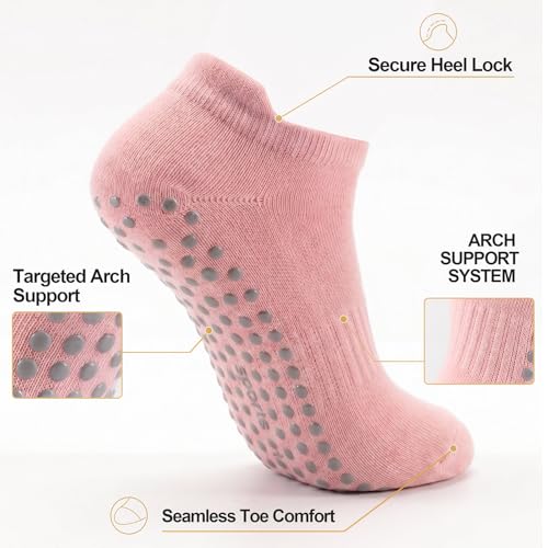 5 Pairs Pilates Socks with Grips for Women Non Slip Grip Yoga Crew Socks for Barre Hospital Barefoot - color: B - Black Gray Pink Purple Blue