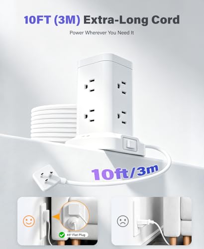 Power Strip Tower with Surge Protector 1800J, Fast Charging Tower PD20W USB-C Ports with 8 AC Outlets, Extension Cord for Home Office Dorm Room, White, 8FT - color: White, size: 8FT