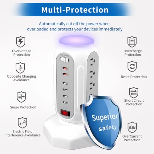 Multiple Outlets Power Strip Tower with Colorful Nightlight, 15 AC Outlets and 6 Fasting USB Ports, 6.5ft Extension Cord, 900J Surge Protector with Outlet Overload Protection for Home, Office (White) - color: White -PD 20W