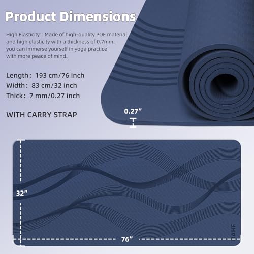Yoga Mat High Density Exercise Mat, 76"x32"x0.27"Thick Wide & Large Yoga Mat for Women Men, Professional POE Workout Mat for Yoga, Pilates, Fitness & Stretching - color: Navy Blue