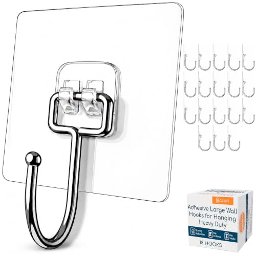 GLUIT Adhesive Large Wall Hooks for Hanging Heavy Duty 22 lbs Hooks for Walls No Drill, Towel Sticky Clear Hooks, Waterproof, Home, Bathroom, Kitchen, Office, and Outdoor, 18 Pack - size: Large, 18 pcs