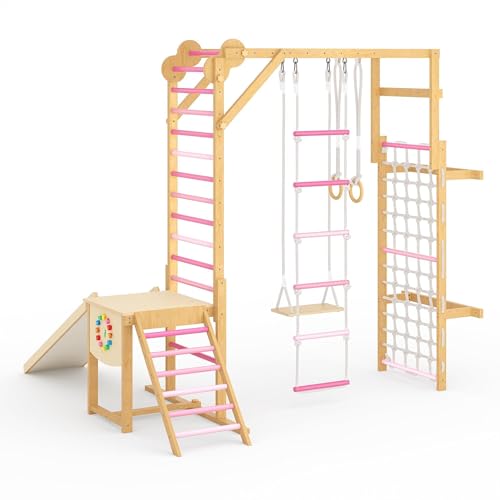 PeakPursuit 8-in-1 Indoor Jungle Gym for Kids Ages 3-10 – Wooden Climbing Structure with Slide, Swing, Monkey Bars, Gymnastic Rings, Climbing Rope – Indoor Playground Toy – Natural Wood Color