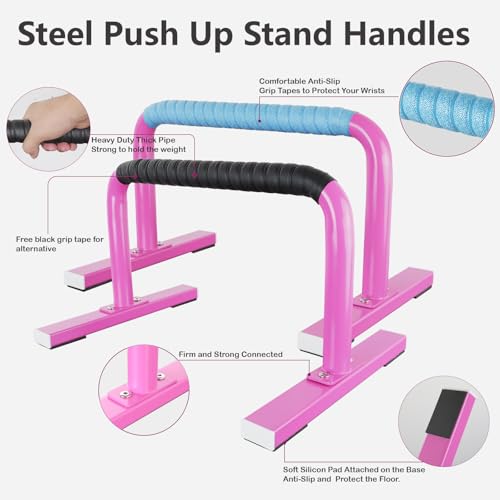 Strength Training Parallettes Push Up Bars, Pushup Handles Calisthenics Equipment for Home Workout, Anti-slip Gymnastics Bars, Handstand & Dip Bar for Outdoor Exercise - color: Pink