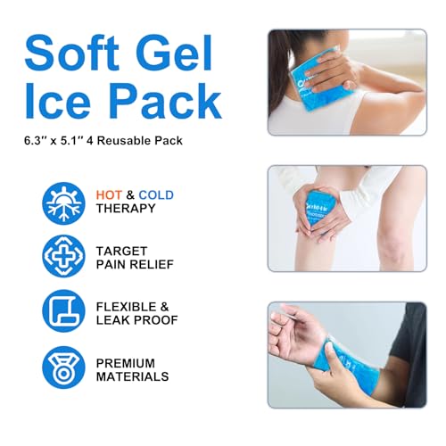 Reusable Gel Ice Packs (4 Pack) - Hot Cold Pack for Injuries, Pain Relief, Migraines - Gel Ice Pack Cold Compress for Back, Neck, Foot and Wrist - Flexible Cold Packs for Injuries - 5.1" x 6.5" - style: 5.1" x 6.5" 4 packs