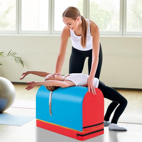 Goplus Mailbox Tumbling Mat, Gymnastics Vaulting Box w/Detachable Mat, Carrying Handle, Premium PU Leather, Portable Jumping Tumbling Aid Trainer for Kids Home Gyms Exercise - color: Red+Navy Blue