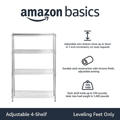 Amazon Basics 4-Shelf Adjustable Heavy Duty Steel Wire Rack Storage Shelving Unit for Kitchen, Garage, Easy Assembly, 350 lbs Per Shelf, 36" x 14" x 54", Chrome Silver - color: Chrome, size: 36" L x 14" W x 54" H, style: 4 -Shelf