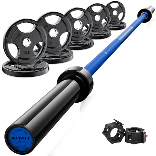 RitFit Barbell Weight Set - 4/6FT Olympic Barbell with Weight Plates (55-115LB Total) - Weightlifting Equipment for Squats, Curls, Deadlifts, Presses, Hip Thrusts - color: Black/Blue, size: 6FT With 155LB Plates