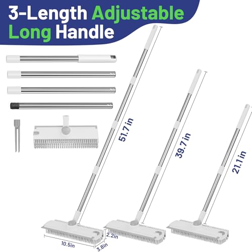 3 in 1 Floor Scrub Brush with Long Handle & Squeegee | Heavy-Duty, Adjustable, 360° Rotating Head for Cleaning Tile Bathroom Deck Kitchen Patio, White - color: White