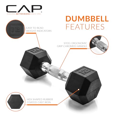CAP Rubber Coated Dumbbell Weights, Free Weights for Home Gym Strength Training, Anti-Roll Hex Dumbbells with Black, Chrome & Comfort Grip Handles, Singles - size: 12 lb, style: Chrome Handle